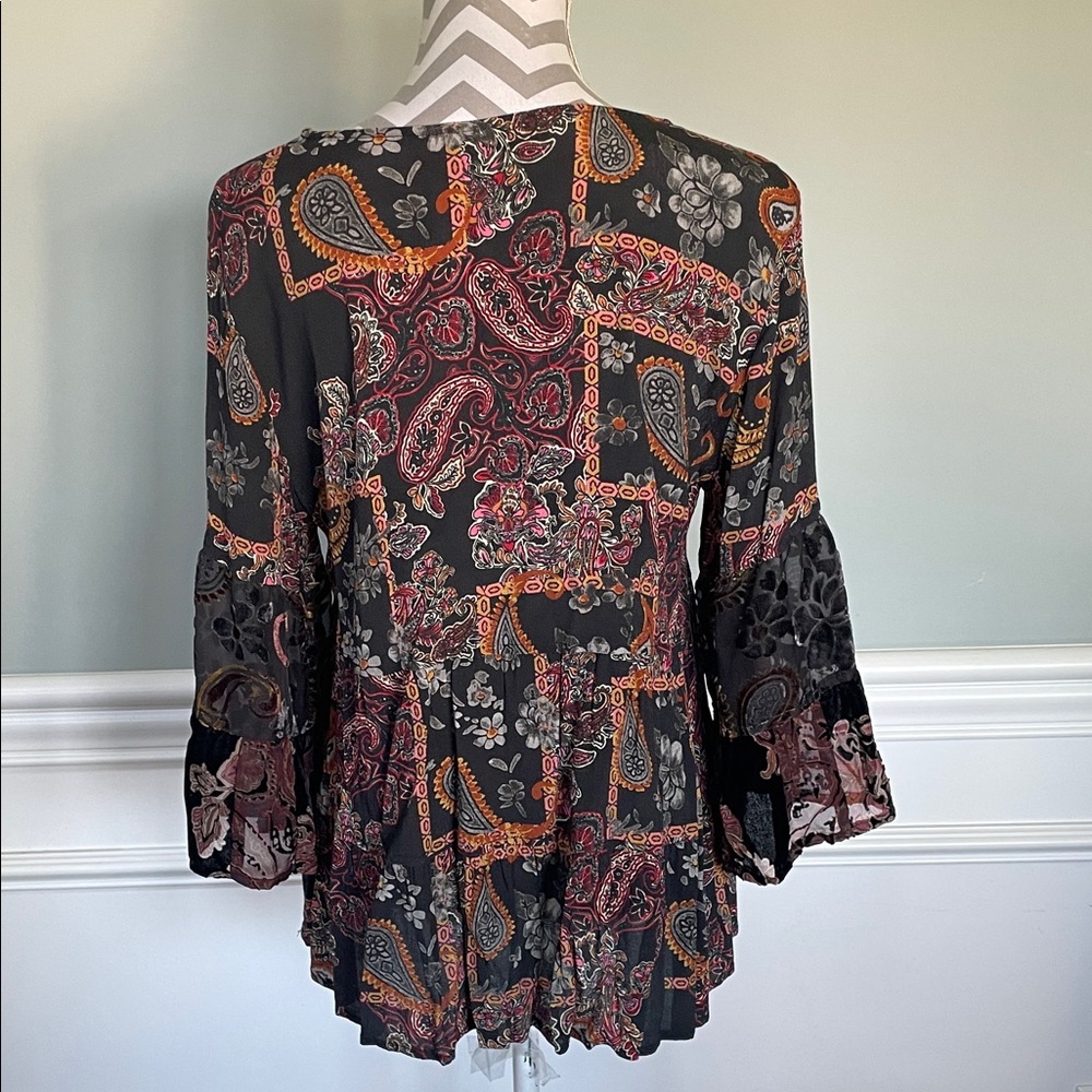 JOHN MARK Boho Paisley Tiered Peasant Blouse - Black with Rust & Mustard Size L - Picture 4 of 7
